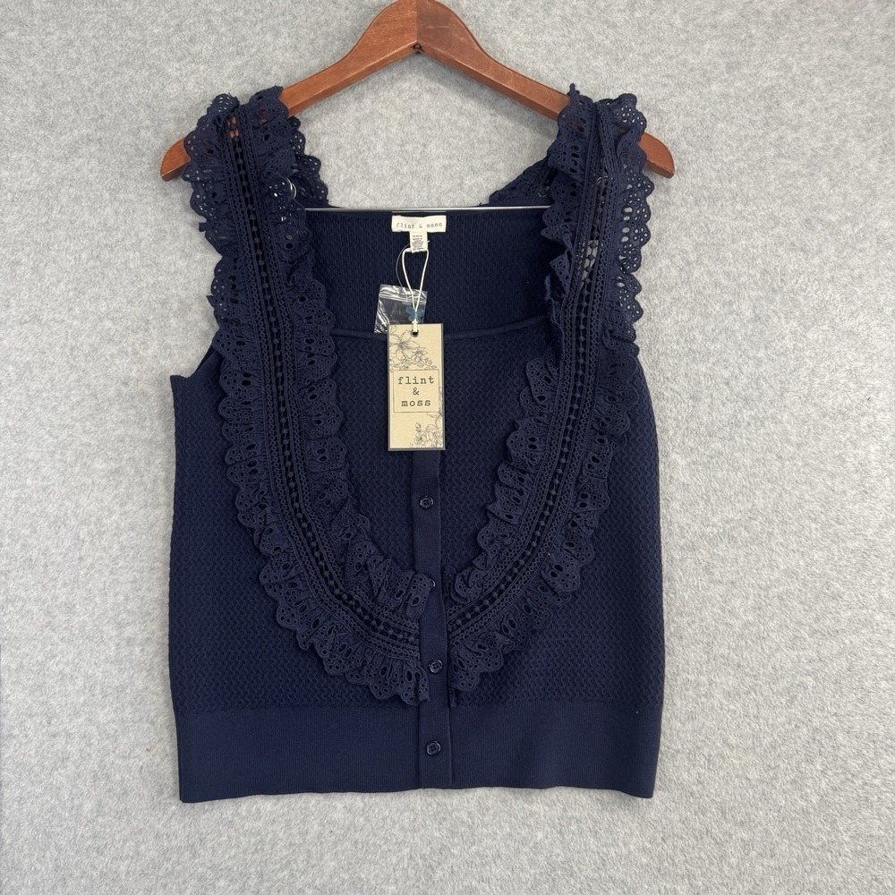 Anthropologie Flint & Moss Lace Trim Button Front Knit Tank Top Womens M NWT